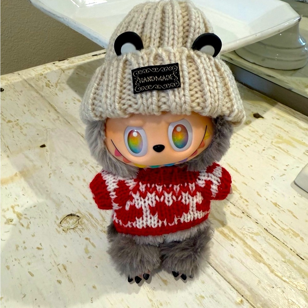 Labubu v3 sweater and beanie outfit